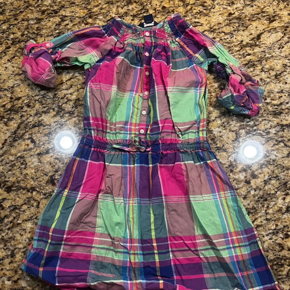 Ralph Lauren Girls Plaid Smocked Dress 6X Pink Purple‎ Green Button Front Pony